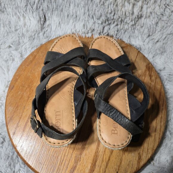 Born Alaina Womens 8M/39 Platform Wedge Black Leather Ankle Strap Buckle Sandal - Picture 9 of 11